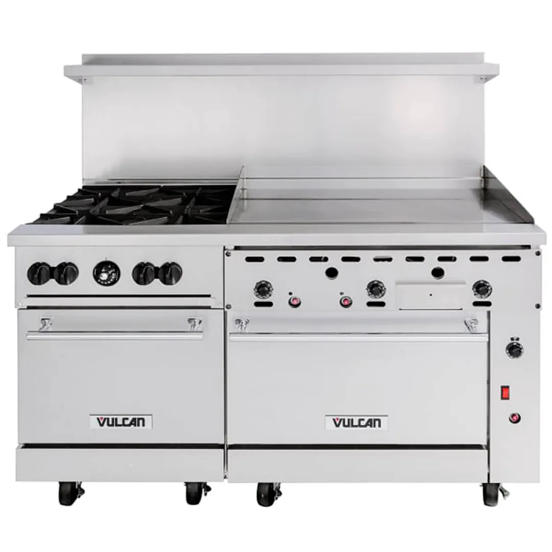 Vulcan 60SS-4B36GT 60" Gas Restaurant Range w/ (4) Open Burners, 36" Griddle Right w/ Thermostatic Controls, (2) Standard Ovens, 238.000 BTU