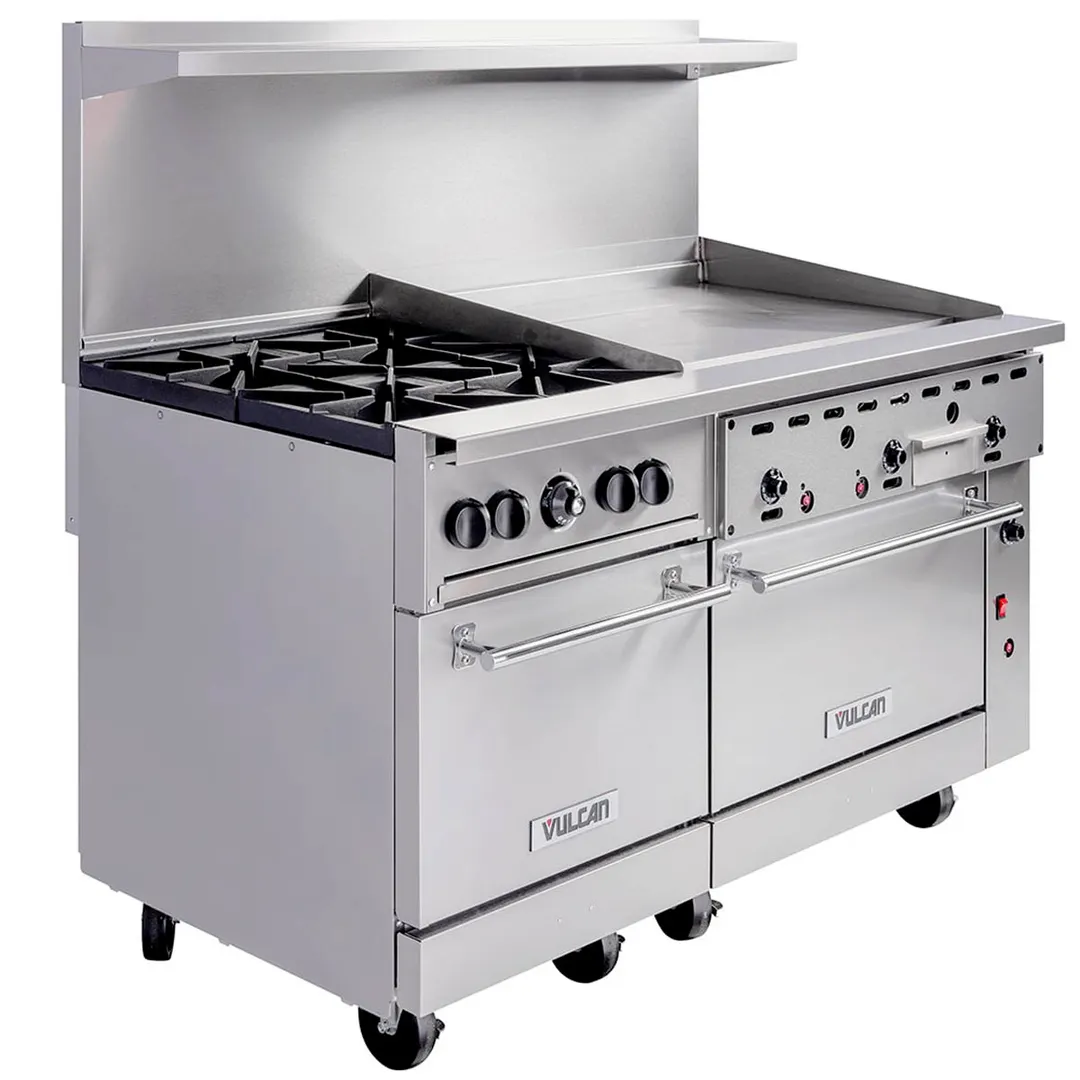 Vulcan 60SS-4B36GT 60" Gas Restaurant Range w/ (4) Open Burners, 36" Griddle Right w/ Thermostatic Controls, (2) Standard Ovens, 238.000 BTU