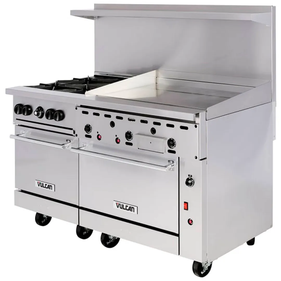 Vulcan 60SS-4B36GT 60" Gas Restaurant Range w/ (4) Open Burners, 36" Griddle Right w/ Thermostatic Controls, (2) Standard Ovens, 238.000 BTU