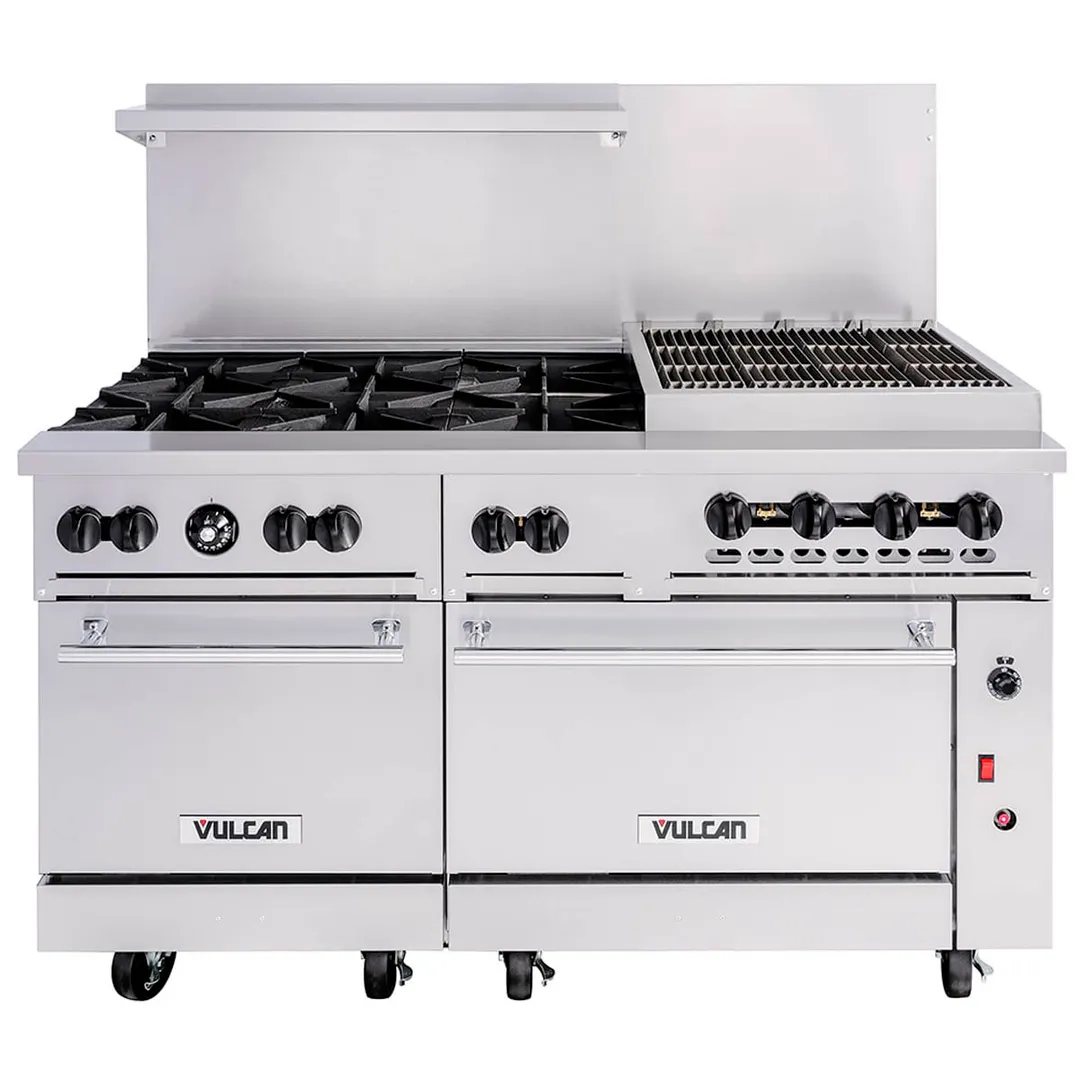 Vulcan 60SS-6B24CBP 60"KP Gas Restaurant Range w/ (6) Open Burners, 24" Charbroiler Right, (2) Standard Ovens, 302.000 BTU