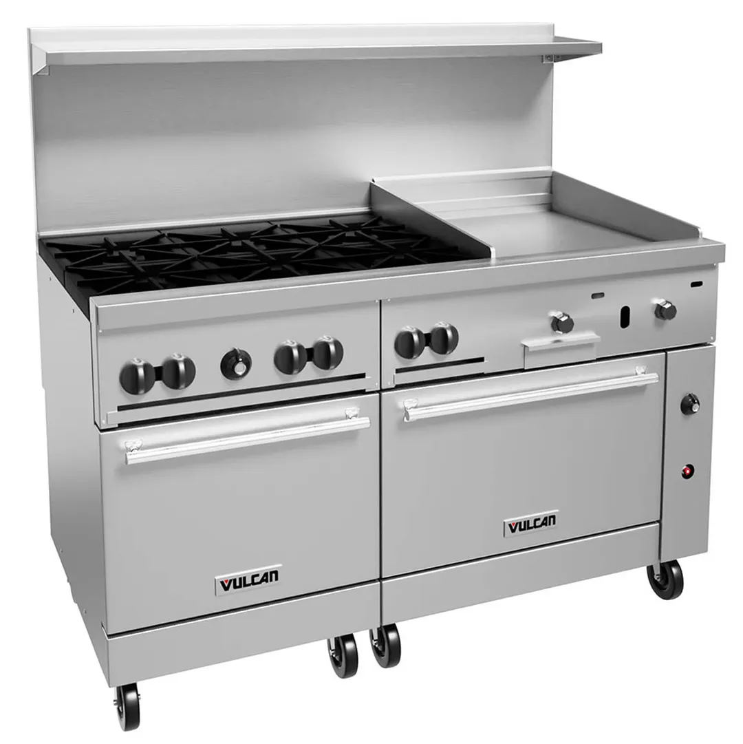 Vulcan 60SS-6B24G 60" Gas Restaurant Range w/ (6) Open Burners, 24" Griddle Right, (2) Standard Ovens, 278.000 BTU