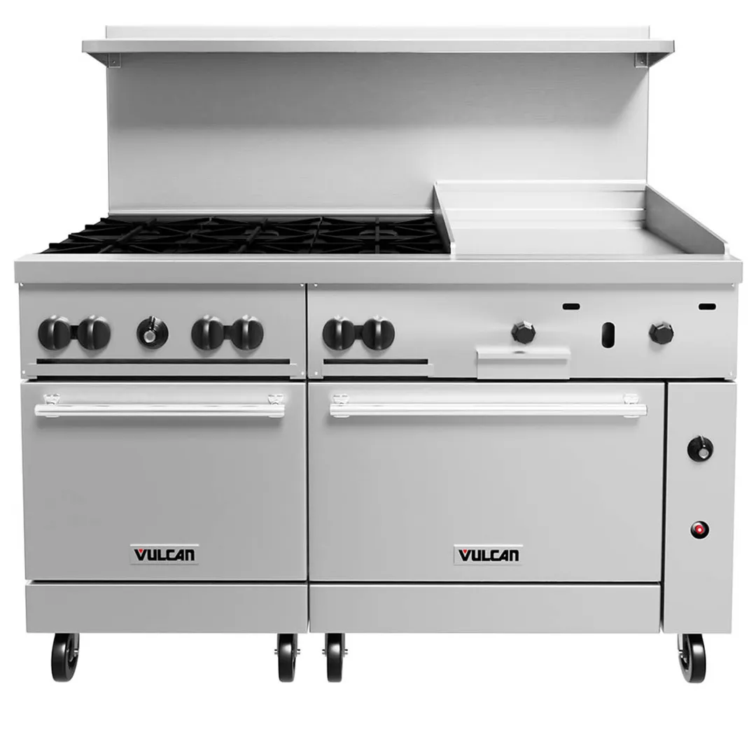 Vulcan 60SS-6B24GT 60" Gas Restaurant Range w/ (6) Open Burners, 24" Griddle Right w/ Thermostatic Controls, (2) Standard Ovens, 278.000 BTU