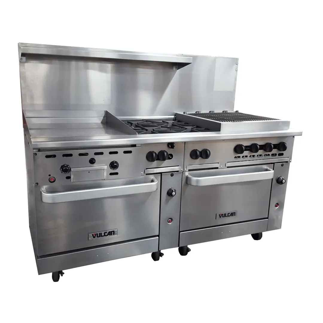 Vulcan 72SS-24G4B24CB 72" Gas Restaurant Range w/ (4) Open Burners, 24" Griddle Left, 24" Charbroiler Right, (2) Standard Ovens, 294.000 BTU