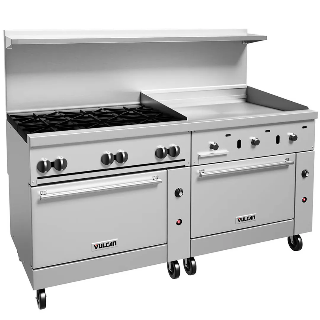 Vulcan 72SS-6B36G 72" Gas Restaurant Range w/ (6) Open Burners, 36" Griddle Right, (2) Standard Ovens, 310.000 BTU