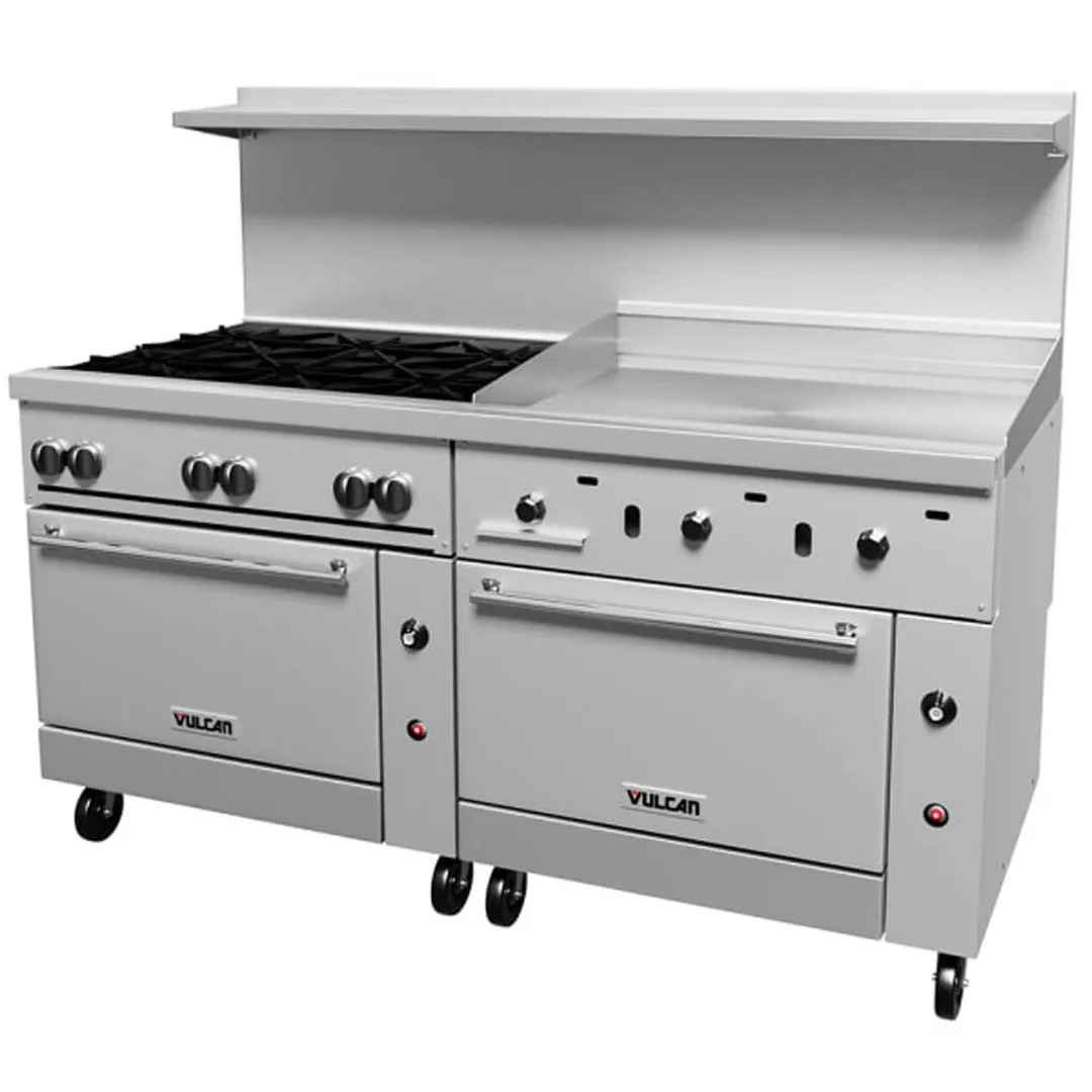 Vulcan 72SS-6B36G 72" Gas Restaurant Range w/ (6) Open Burners, 36" Griddle Right, (2) Standard Ovens, 310.000 BTU