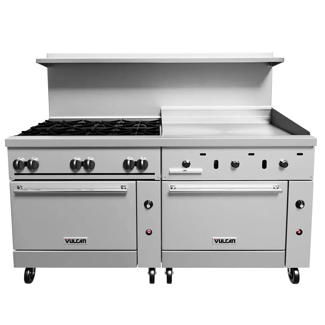 Vulcan 72SS-6B36GT 72" Gas Restaurant Range w/ (6) Open Burners, 36" Griddle Right w/ Thermostatic, (2) Standard Ovens, 310.000 BTU