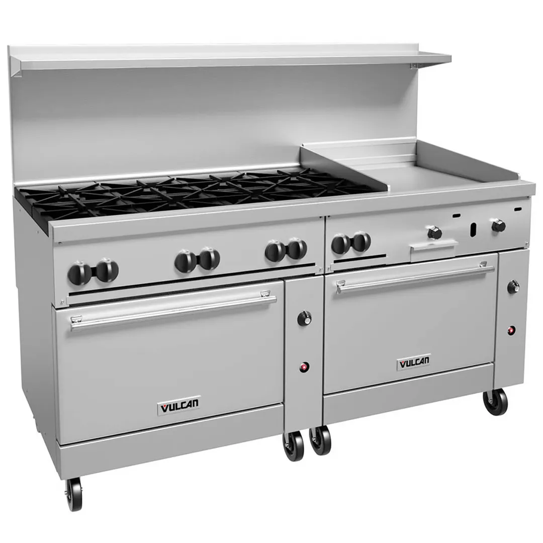 Vulcan 72SS-8B24GT 72" Gas Restaurant Range w/ (8) Open Burners, 24" Griddle Right w/ Thermostatic, (2) Standard Ovens, 350.000 BTU