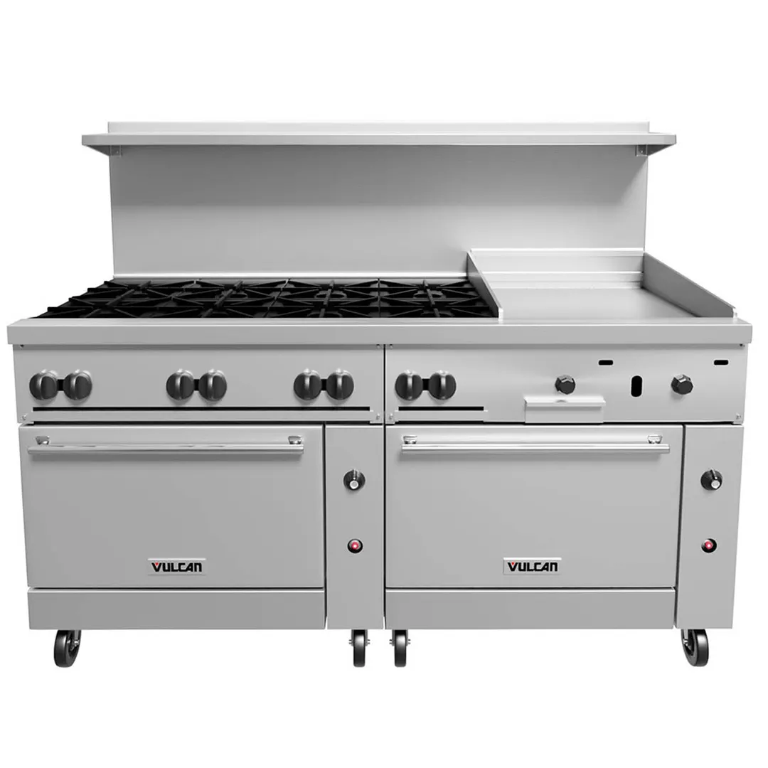Vulcan 72SS-8B24GT 72" Gas Restaurant Range w/ (8) Open Burners, 24" Griddle Right w/ Thermostatic, (2) Standard Ovens, 350.000 BTU