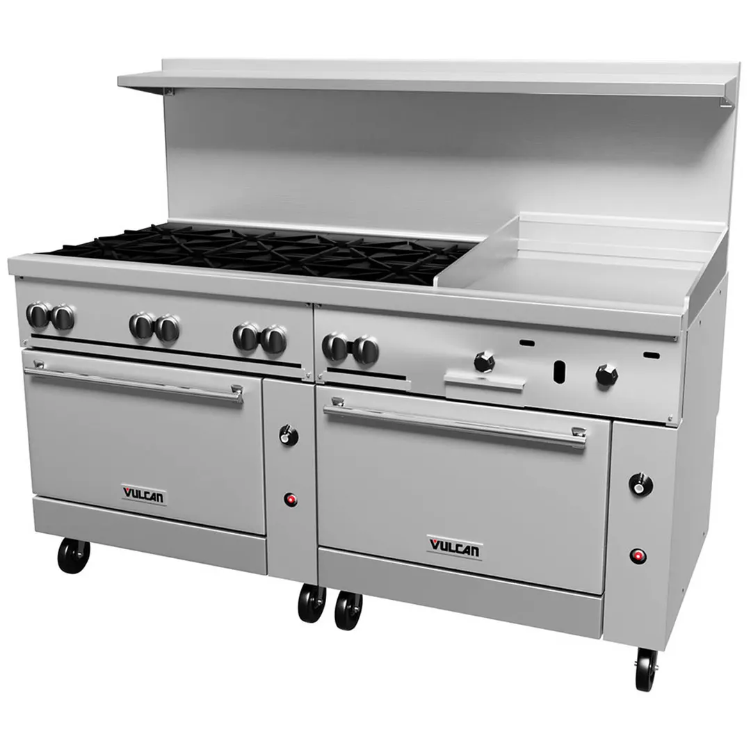 Vulcan 72SS-8B24GT 72" Gas Restaurant Range w/ (8) Open Burners, 24" Griddle Right w/ Thermostatic, (2) Standard Ovens, 350.000 BTU