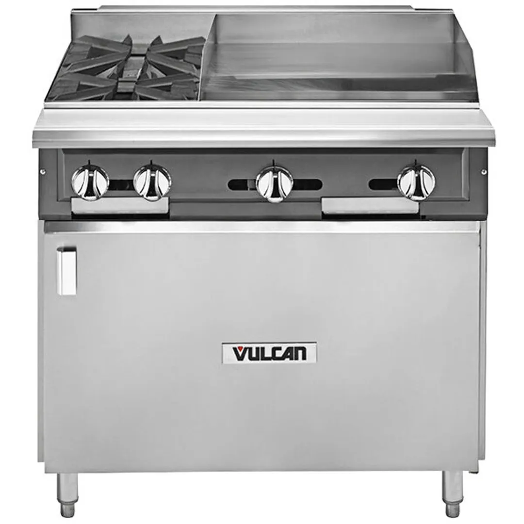 Vulcan V2BG24B 36" Gas Heavy Duty Range w/ (2) Open Burners, 24"Griddle Right, (1) Cabinet Base, 130.000 BTU