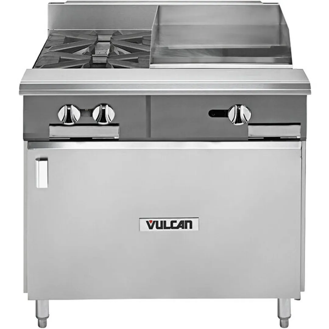 Vulcan V2BG8TB 36" Gas Heavy Duty Range w/ (2) Open Burners, 18" Griddle Right w/ Thermostatic Controls, (1) Cabinet Base, 100.000 BTU