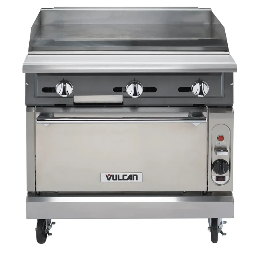 Vulcan VGMT36 36" Gas Heavy Duty Range, 36" Full Griddle w/ Thermostatic Controls, Modular Base, 90.000 BTU