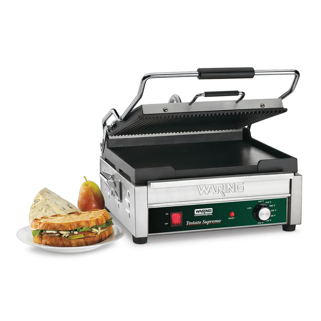 Waring WDG250 Single Cast Iron Sandwich Panini Grill w/ 14.5" x 11" Grooved Plates, 120V