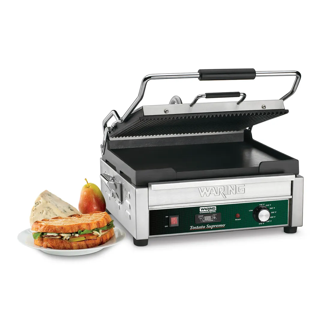 Waring WDG250T Single Cast Iron Sandwich Panini Grill w/ Timer, 14.5" x 11" Grooved Plates, 120V