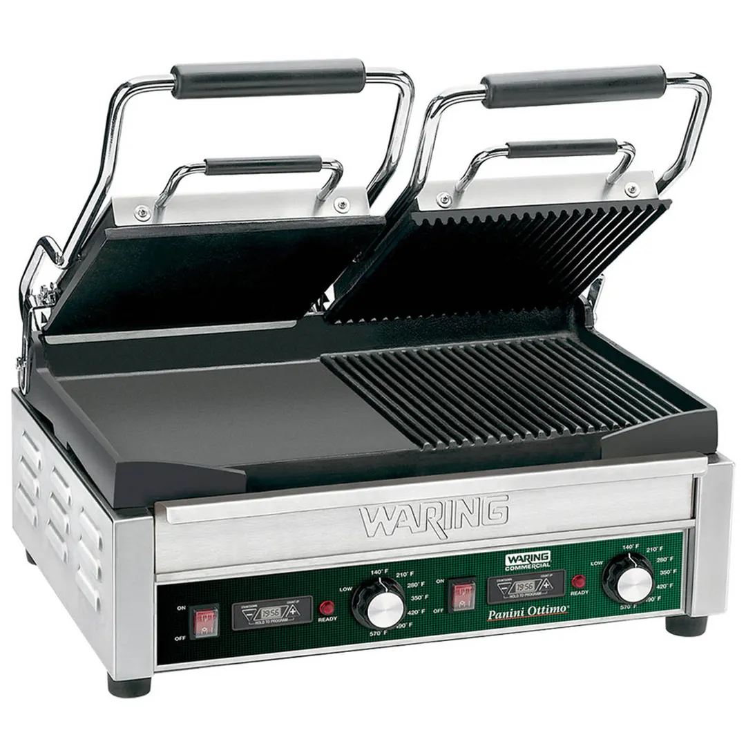 Waring WDG300T Double Cast Iron Sandwich Panini Grill w/ Timer, Smooth & Grooved Plates, 240V
