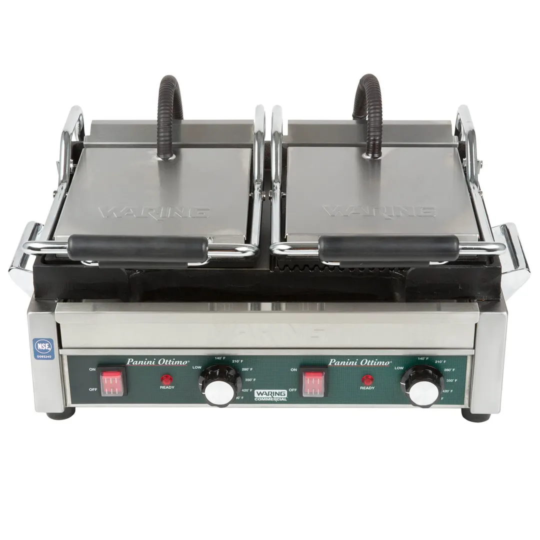 Waring WDG300T Double Cast Iron Sandwich Panini Grill w/ Timer, Smooth & Grooved Plates, 240V