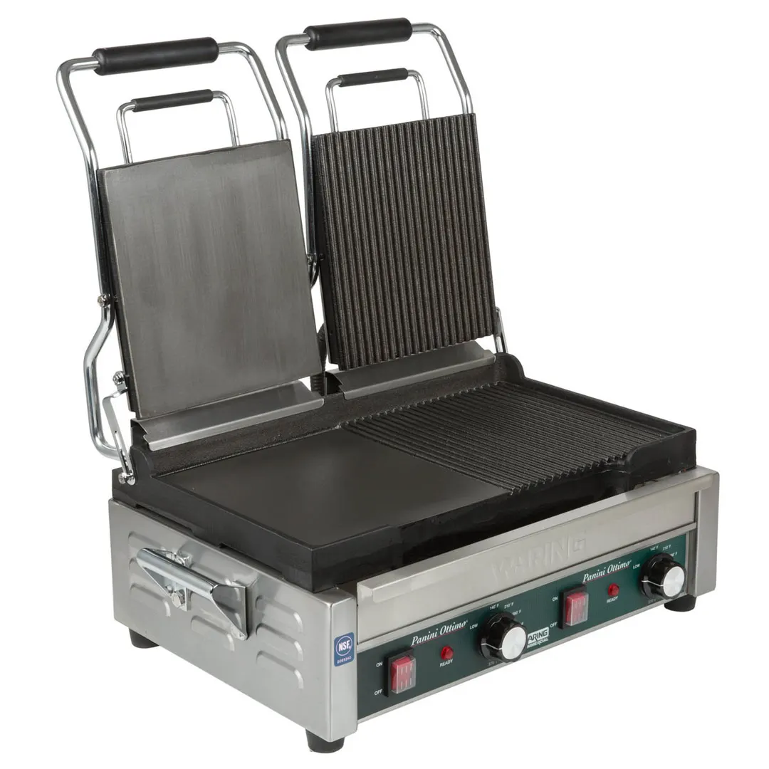 Waring WDG300T Double Cast Iron Sandwich Panini Grill w/ Timer, Smooth & Grooved Plates, 240V