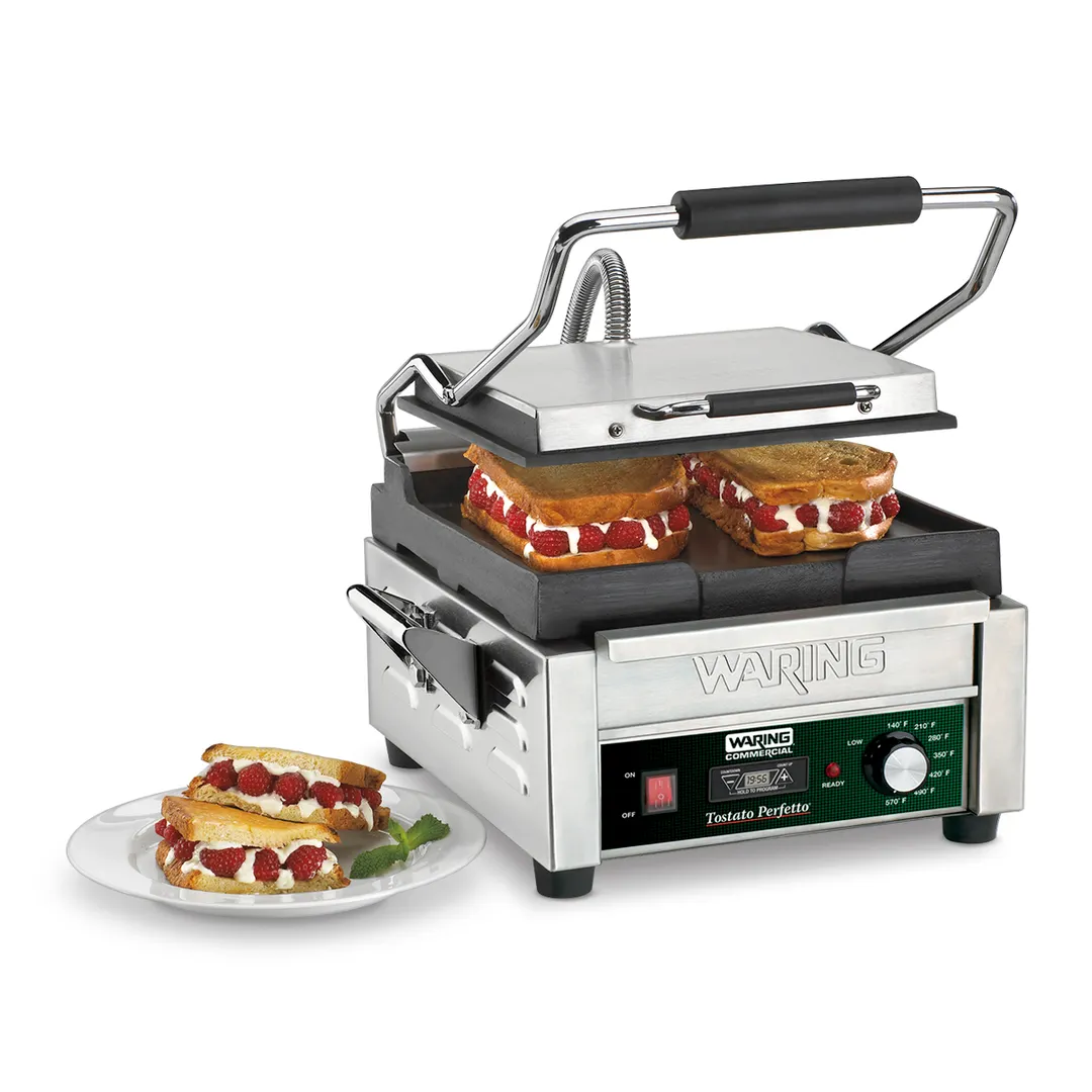 Waring WFG150T Single Cast Iron Sandwich Panini Grill w/ Timer, Smooth Plates, 120V