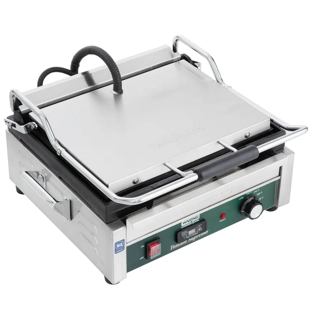 Waring WFG250 Single Cast Iron Sandwich Panini Grill w/ 14.5" x 11" Smooth Plates, 120V