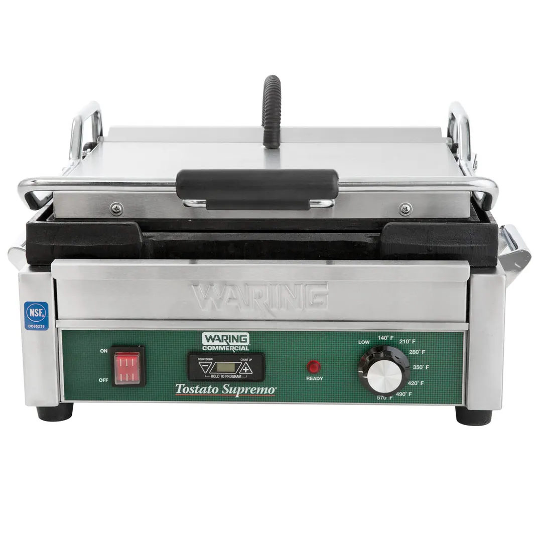 Waring WFG250T Single Cast Iron Sandwich Panini Grill w/ Timer, 14.5" x 11" Smooth Plates, 120V