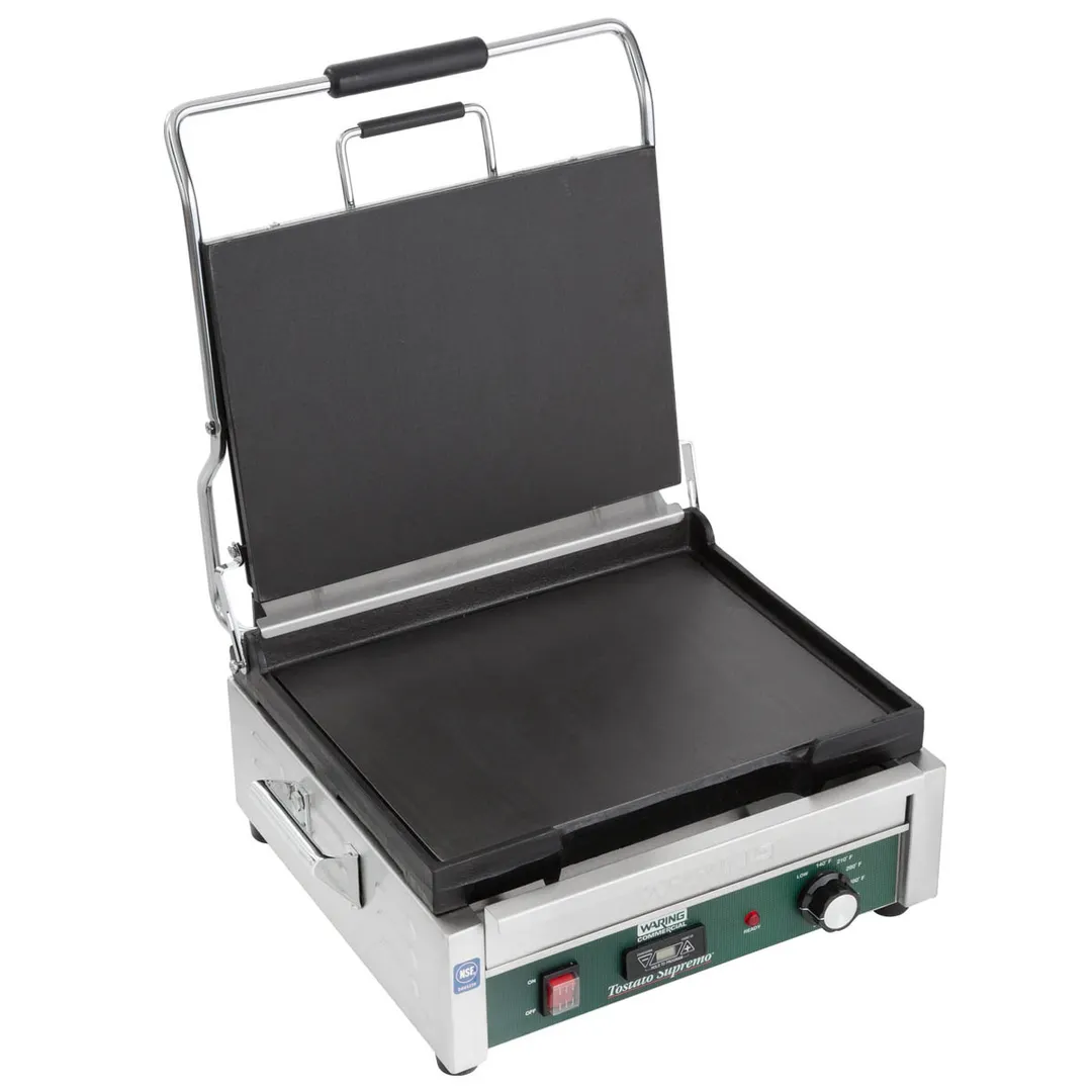 Waring WFG250T Single Cast Iron Sandwich Panini Grill w/ Timer, 14.5" x 11" Smooth Plates, 120V