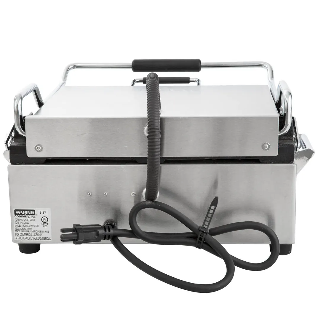 Waring WFG250T Single Cast Iron Sandwich Panini Grill w/ Timer, 14.5" x 11" Smooth Plates, 120V