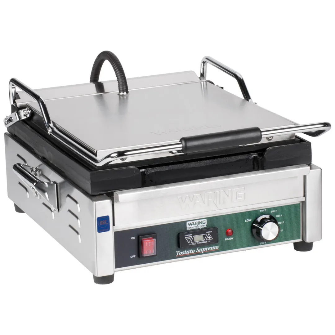 Waring WFG275T Single Cast Iron Sandwich Panini Grill w/ Timer, 14" x 14" Smooth Plates, 120V