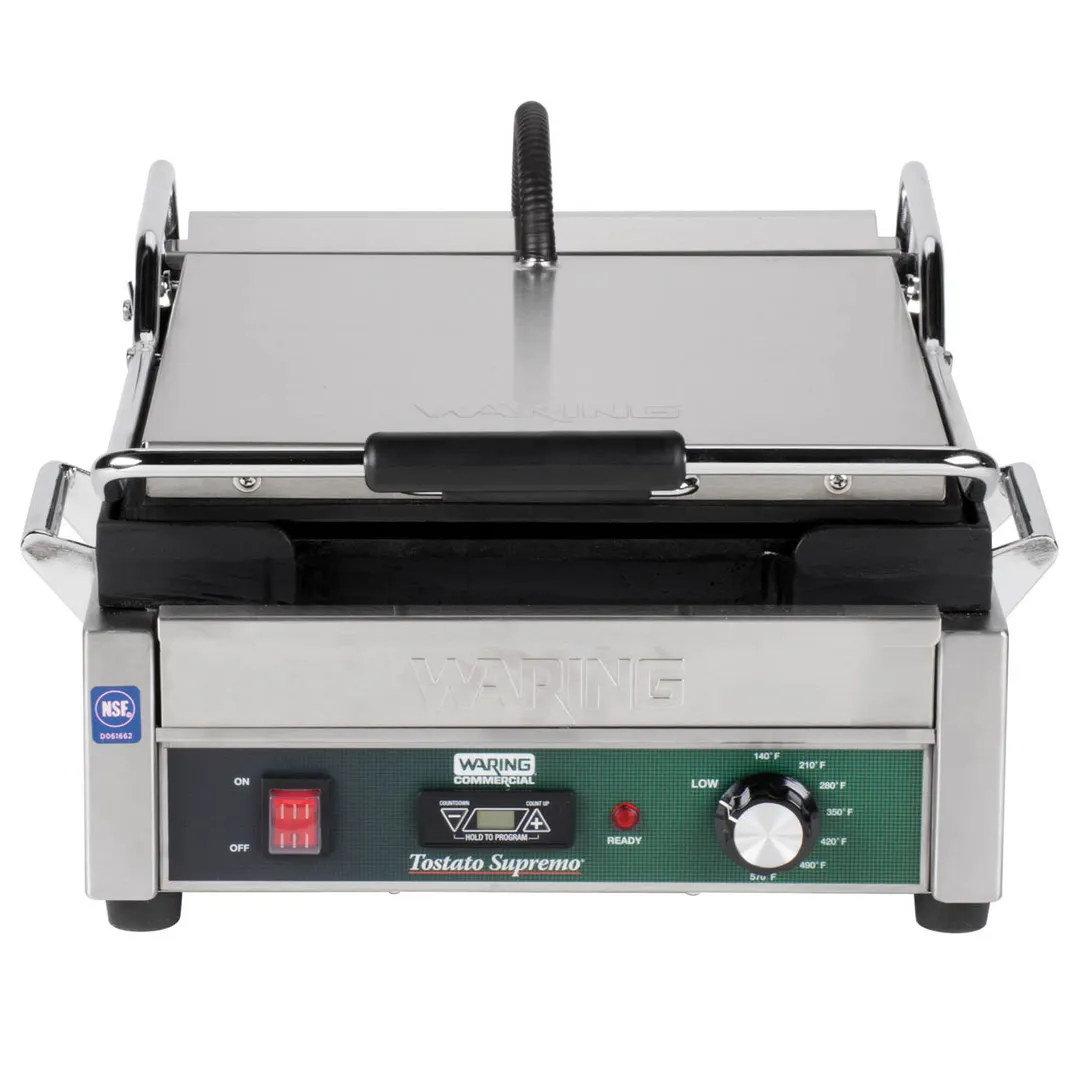 Waring WFG275T Single Cast Iron Sandwich Panini Grill w/ Timer, 14" x 14" Smooth Plates, 120V