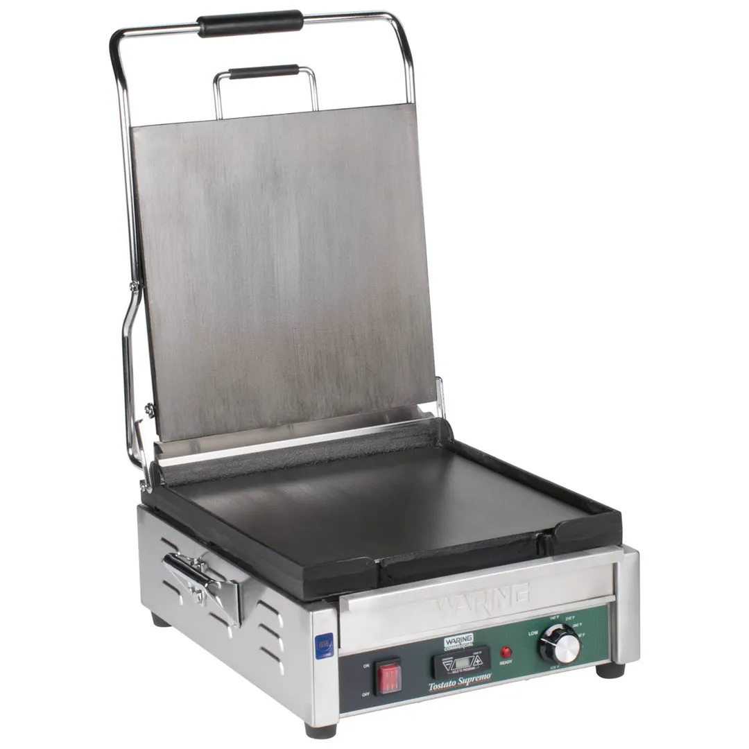 Waring WFG275T Single Cast Iron Sandwich Panini Grill w/ Timer, 14" x 14" Smooth Plates, 120V