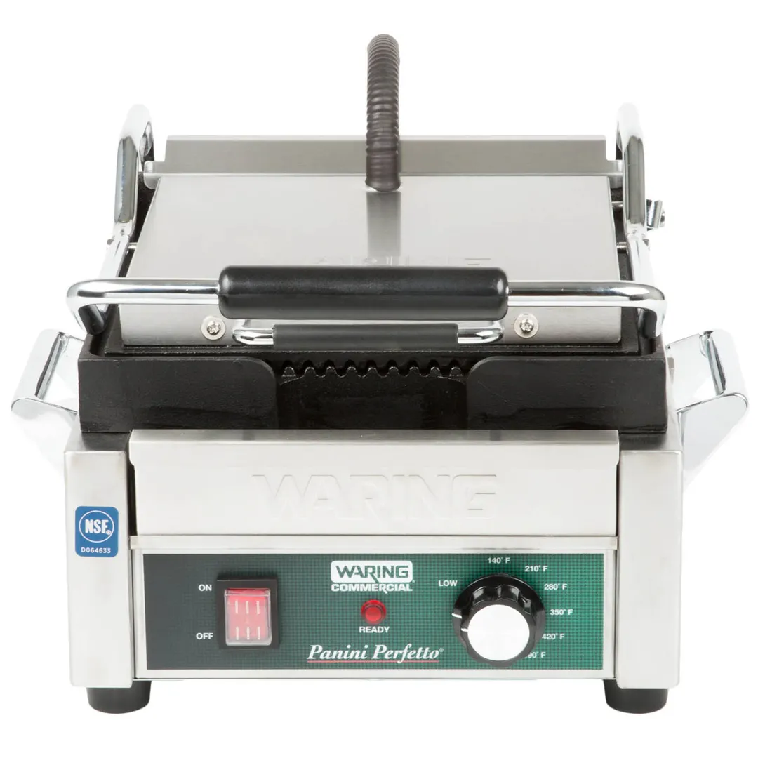 Waring WPG150 Single Cast Iron Sandwich Panini Grill w/ 9" x 9" Grooved Plates, 120V