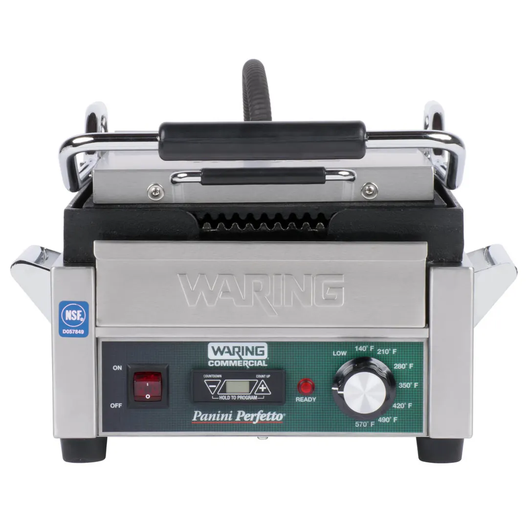 Waring WPG150B Single Cast Iron Sandwich Panini Grill w/ 9" x 9" Grooved Plates, 208V