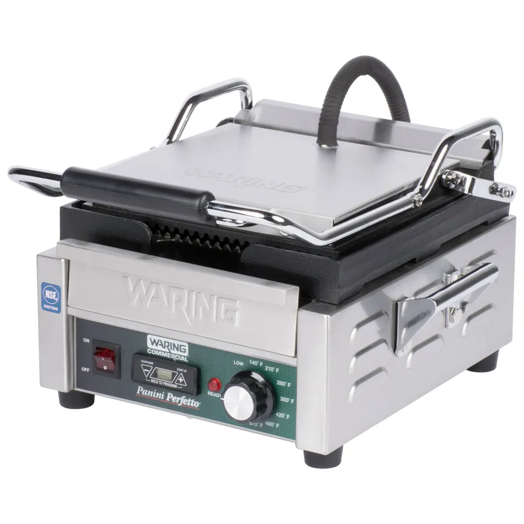Waring WPG150T Single Cast Iron Sandwich Panini Grill w/ Timer, 9" x 9" Grooved Plates, 120V