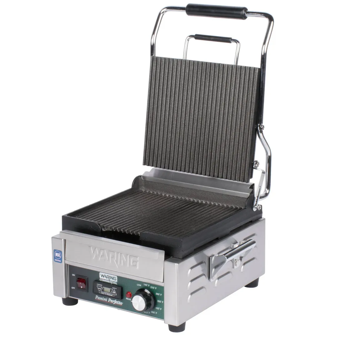 Waring WPG150T Single Cast Iron Sandwich Panini Grill w/ Timer, 9" x 9" Grooved Plates, 120V