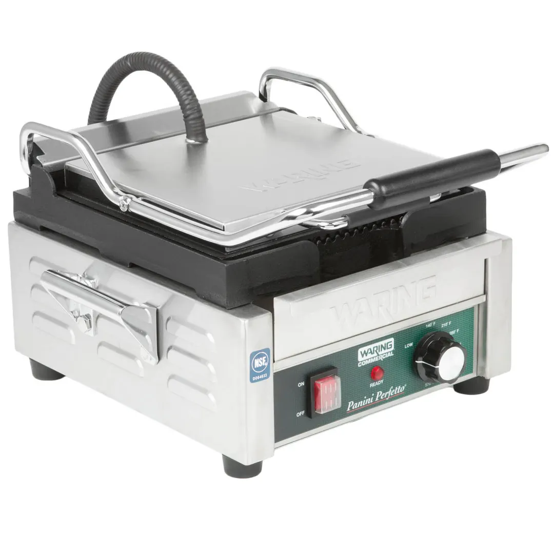 Waring WPG150TB Single Cast Iron Sandwich Panini Grill w/ Timer, 9" x 9" Grooved Plates, 208V