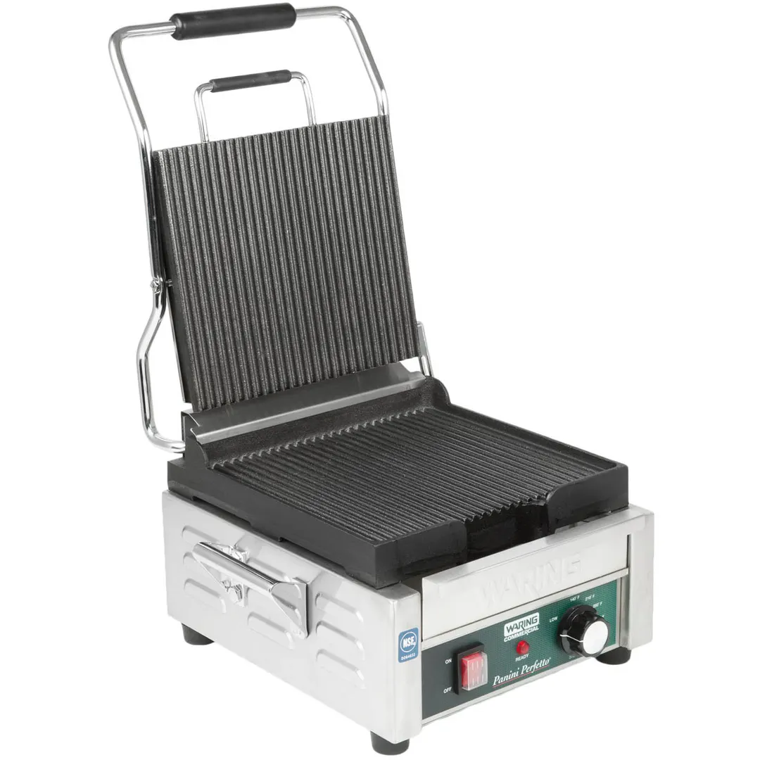 Waring WPG150TB Single Cast Iron Sandwich Panini Grill w/ Timer, 9" x 9" Grooved Plates, 208V