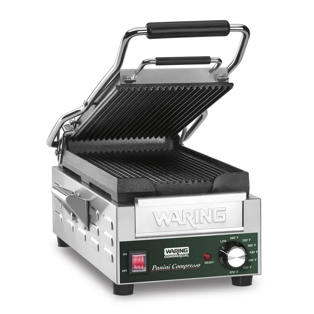 Waring WPG200 Single Compresso Slimline Panini Grill w/ Cast Iron Grooved Plates, 120V