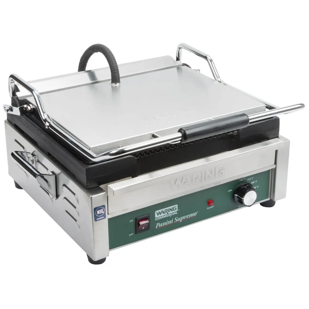 Waring WPG250B Single Cast Iron Sandwich Panini Grill w/ 14.5" x 11" Grooved Plates, 208V
