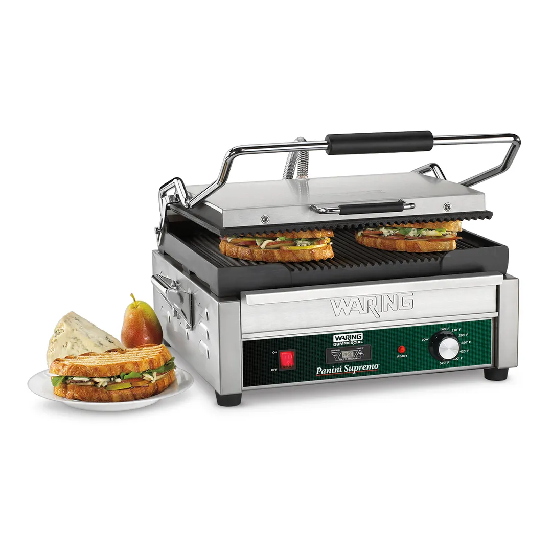 Waring WPG250TB Single Cast Iron Panini Grill w/ Timer, 14.5" x 11" Grooved Plates, 208V
