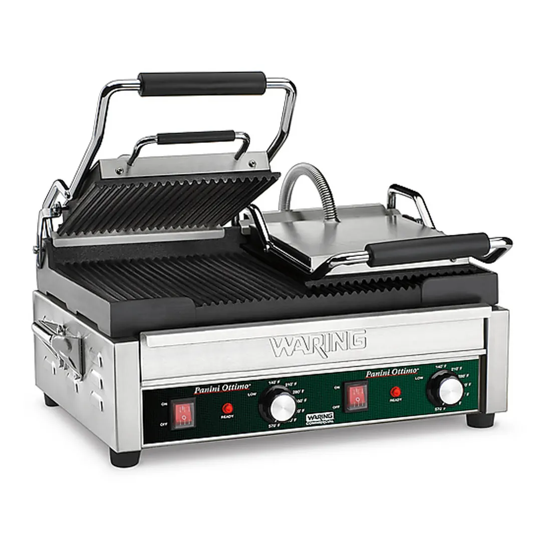 Waring WPG300 Double Cast Iron Sandwich Panini Grill w/ 17" x 9.25" Grooved Plates, 240V