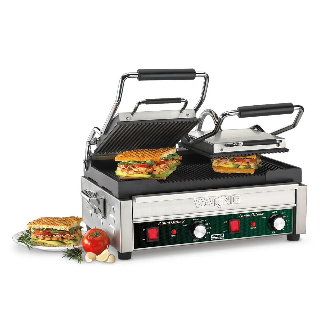 Waring WPG300 Double Cast Iron Sandwich Panini Grill w/ 17" x 9.25" Grooved Plates, 240V