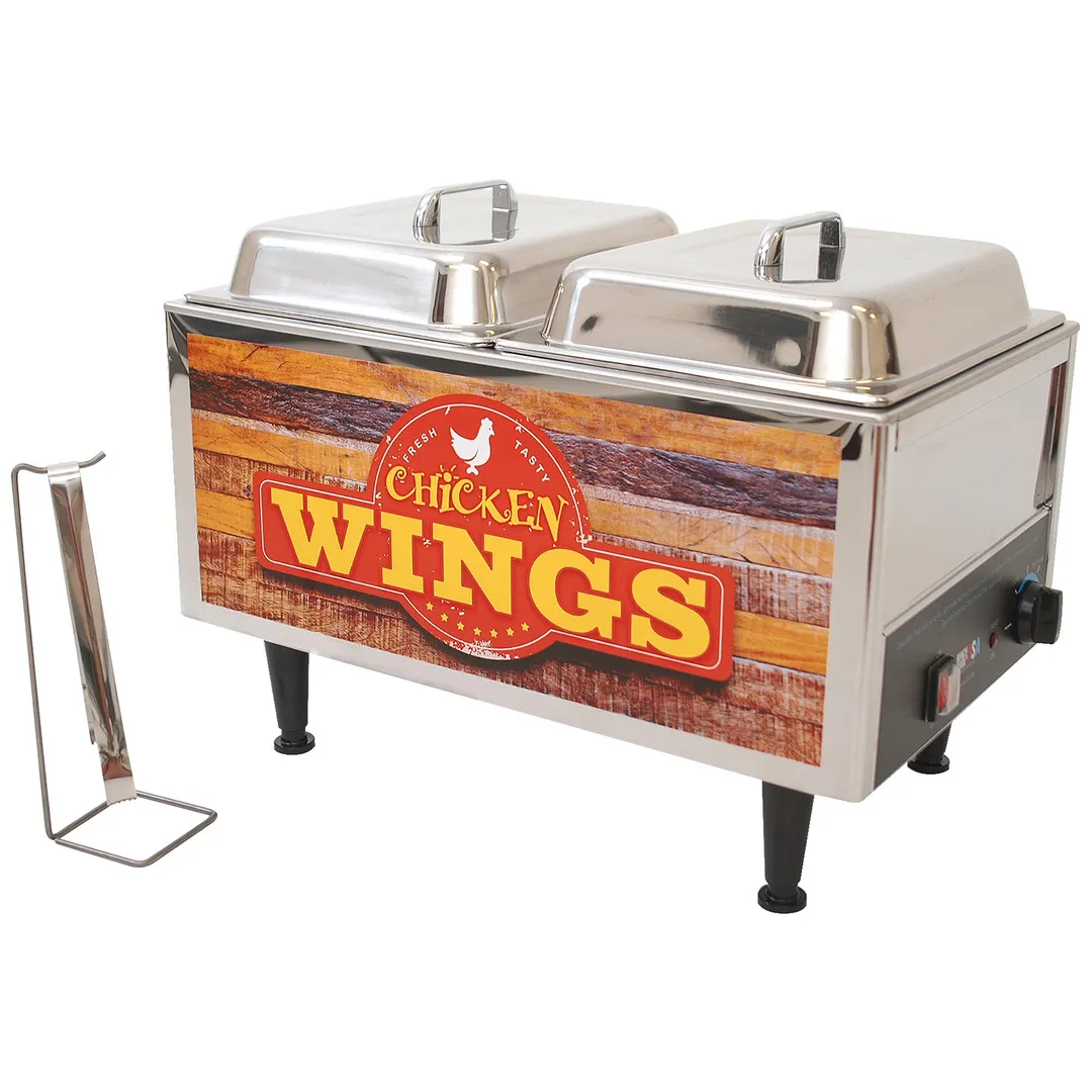 Winco 51072W 21" Countertop Electric Chicken Wing Warmer w/ (2) 1/2-Size Pan Wells, Domed Lids