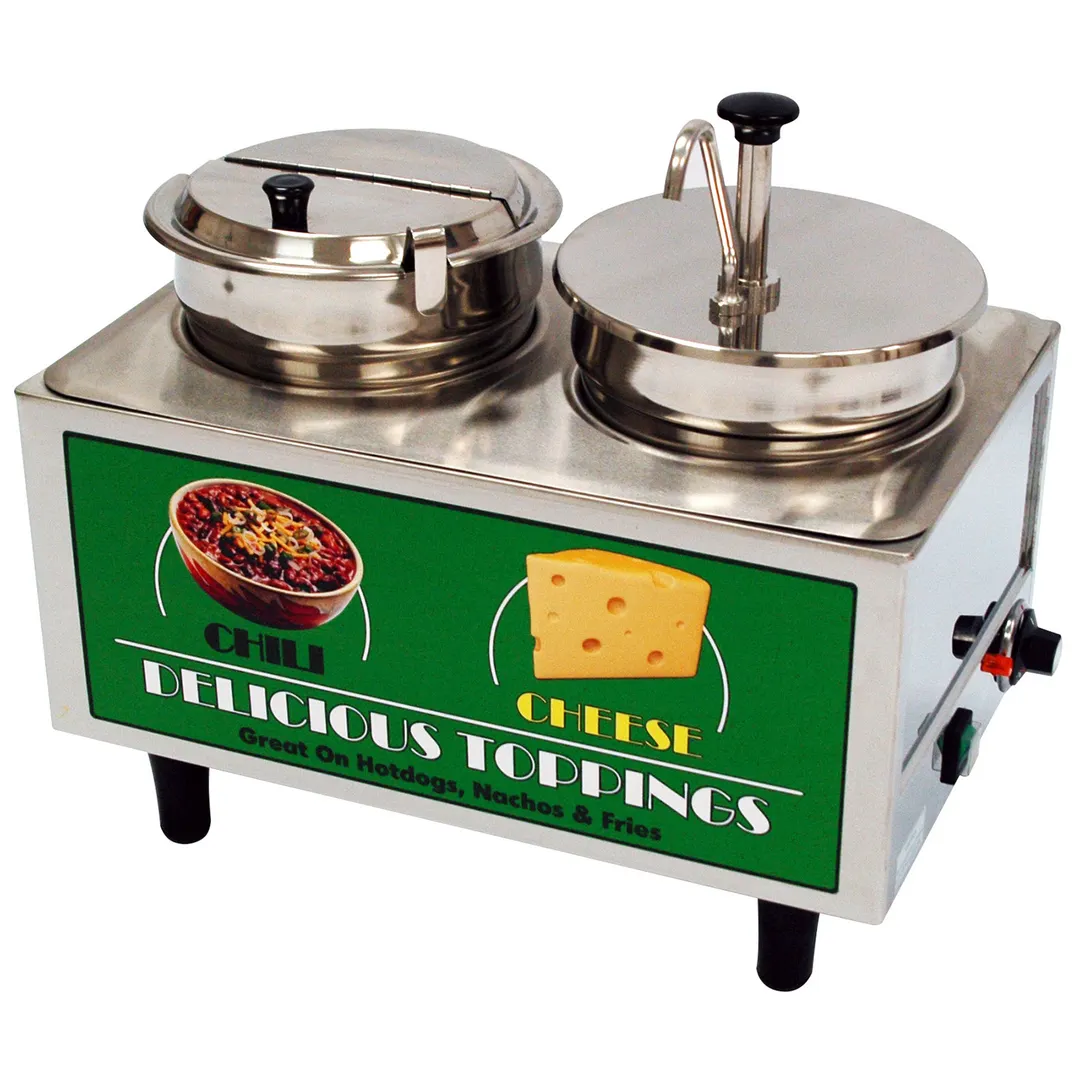 Winco 51073A Countertop Chili/Cheese Topping Warmer w/ (2) 7-Qt. Wells, 1 Pump, 1 Ladle/Lid