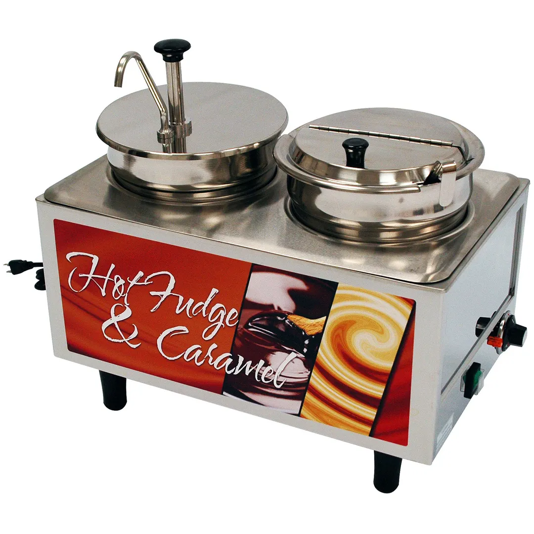 Winco 51073H Countertop Hot Fudge/Caramel Warmer w/ (2) 7-Qt. Wells, 1 Pump, 1 Ladle/Lid 