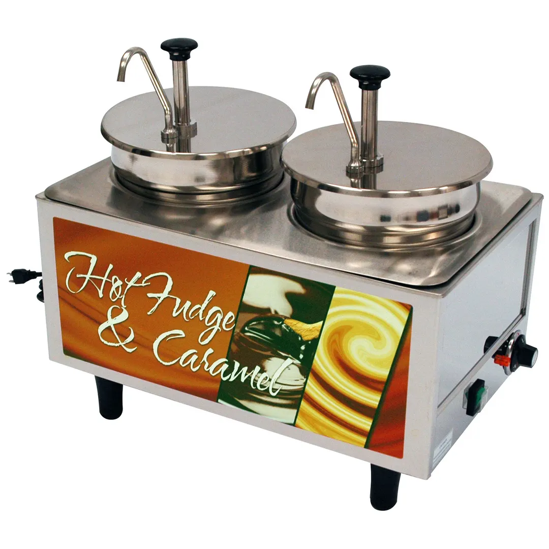 Winco 51074H Countertop Hot Fudge/Caramel Topping Warmer w/ (2) 7-Quart Wells, 2 Pumps