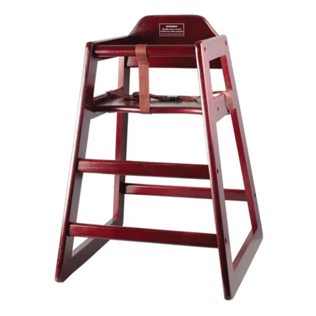Winco CHH-103A Mahogany Finish Rubberwood High Chair, 20"H Seat, Buckle Strap, Stackable