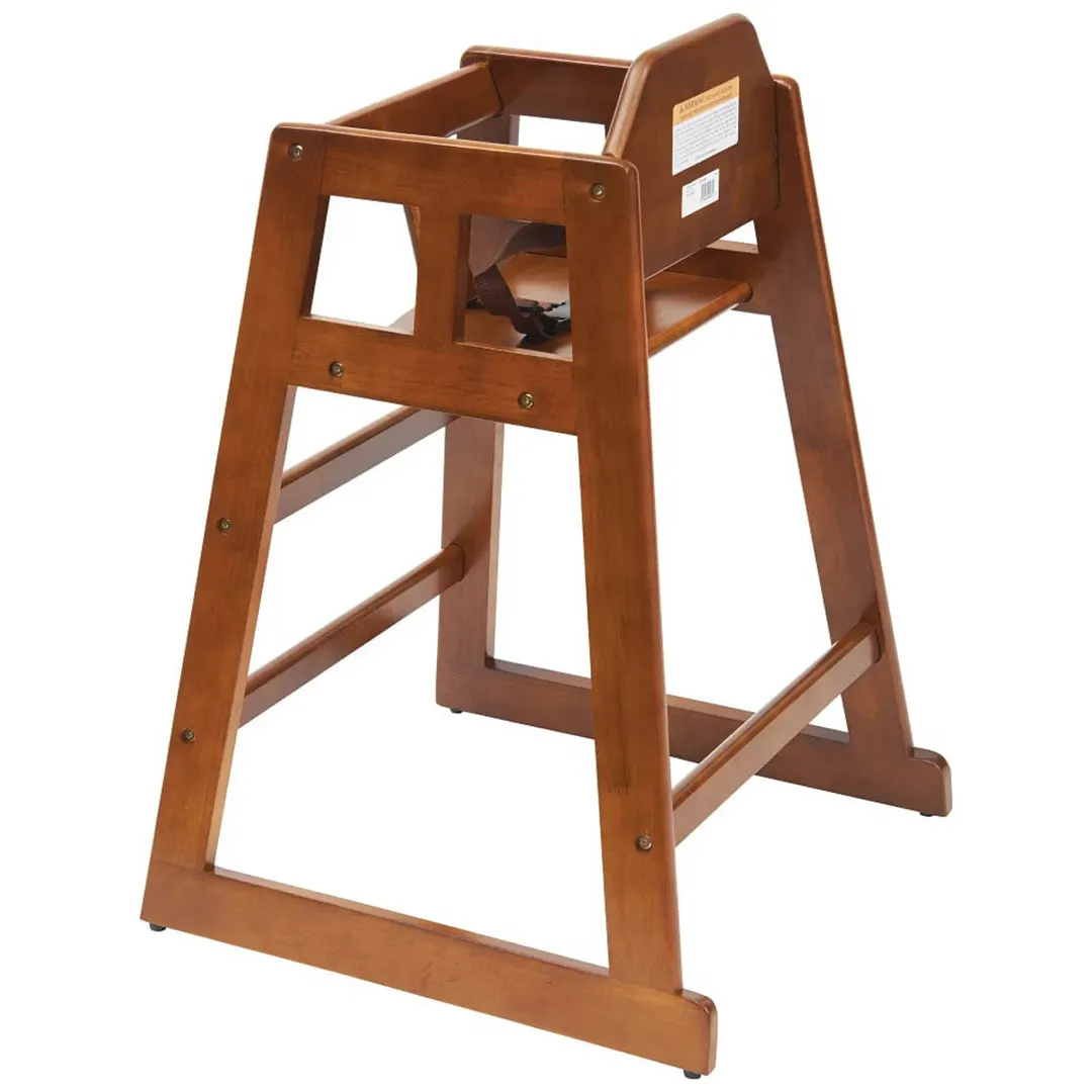 Winco CHH-104 Walnut Finish Rubberwood High Chair, 20"H Seat, Buckle Strap, Stackable