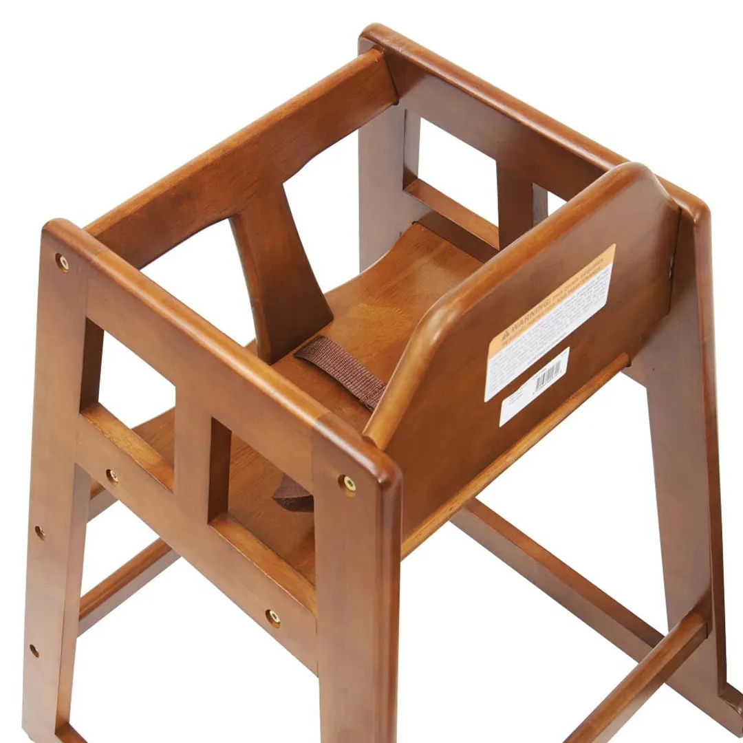 Winco CHH-104 Walnut Finish Rubberwood High Chair, 20"H Seat, Buckle Strap, Stackable