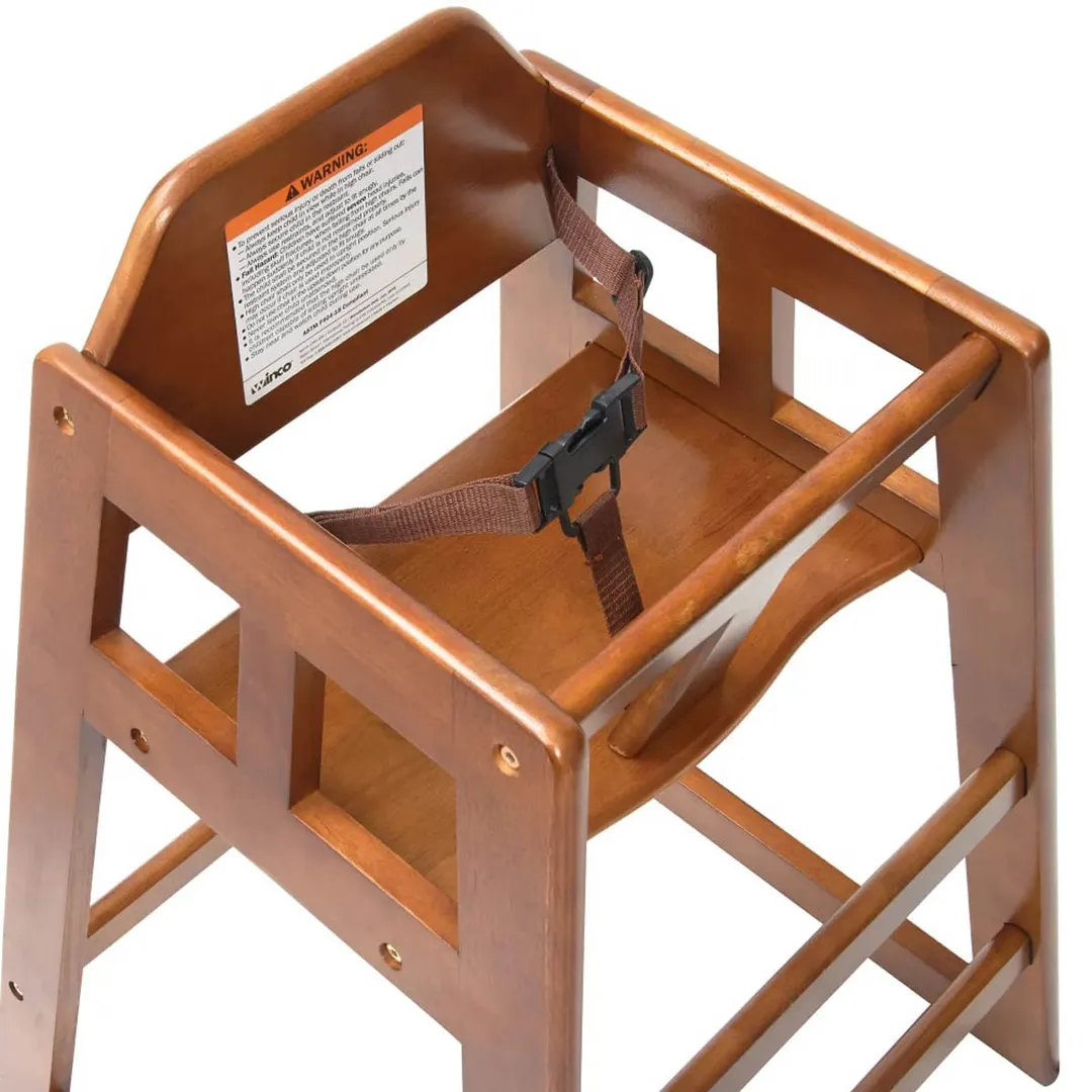 Winco CHH-104 Walnut Finish Rubberwood High Chair, 20"H Seat, Buckle Strap, Stackable
