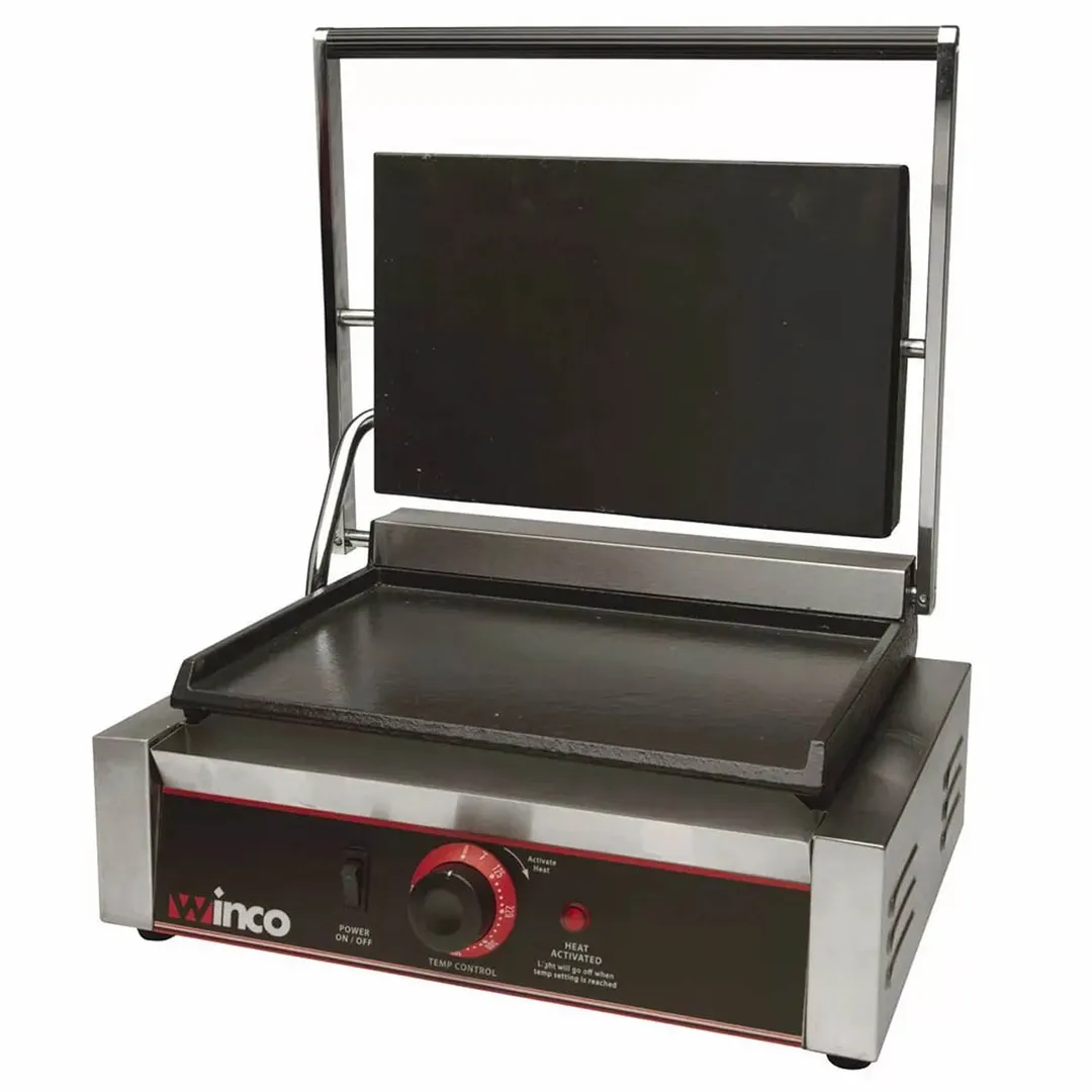 Winco ESG-1 Single Cast Iron Sandwich Press Grill w/ 14" x 9" Smooth Plates, 120V