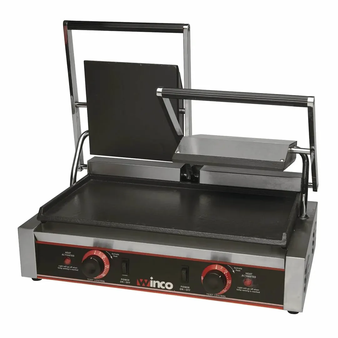 Winco ESG-2 Double Cast Iron Sandwich Press Grill w/ 19" x 9" Smooth Plates, 120V